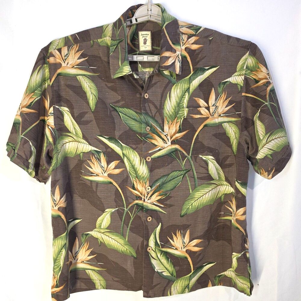 Jamaica Jaxx Silk Blend Hawaiian Shirt Bird of Paradise Floral Men's Size L